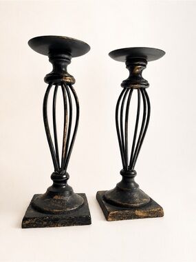 Pair Rustic Black Metal Candle Holders Distressed Farmhouse Decor